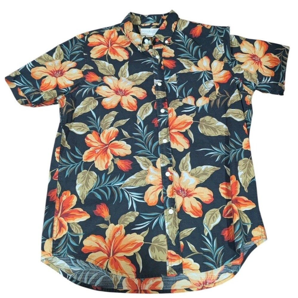 Denim & Supply Ralph Lauren Mens Large Hawaiian Floral Shirt Black Hibiscus